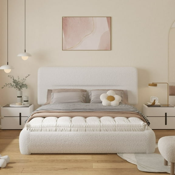 VIPLOV Full size Cloud Bed Frame, Boucle Bed with Adjustable Headboard, Soft Rounded Corner Guards, Silent Design, Easy to Assemble, White