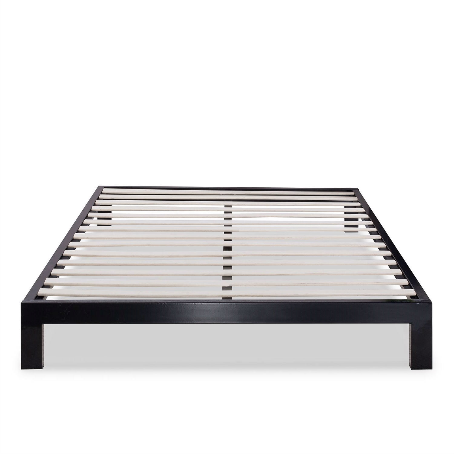 Full Size Black Metal Platform Bed with Wooden Slats