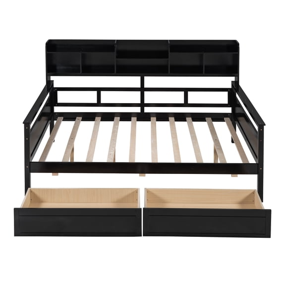 Full size Daybed, Wood Slat Support, with Bedside Shelf and Two Drawers, Espresso
