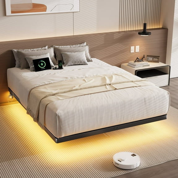 Full-size Floating Bed Frame with Built-In USB Charging Ports and Smart LED Lighting, Crafted with Heavy-duty Metal, Designed with ample under-bed storage space, Noise-Free, No Box Spring Needed