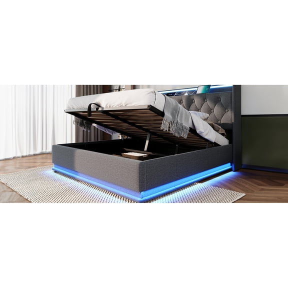 Full-size Linen Bed with LED | Multiple Color Options, Headboard Shelves, High-quality Slats | Choose Preferred Color, Keep Items Organized, Comfortable Sleep Surface