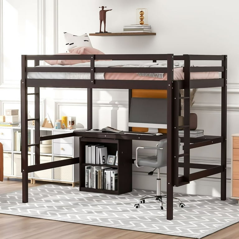 Full size Loft Bed with Long Built in Desk and Writing Board Solid Wood Bed Frame with 2 Tier Cabinet 2 Ladders on Both Sides and Full length Guardrails for Kids Boys Girls Bedroom Espresso