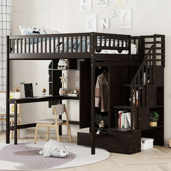Full size Loft Bed with Bookshelf, Drawers, Desk and Wardrobe in Espresso - Sturdy & Unique Design