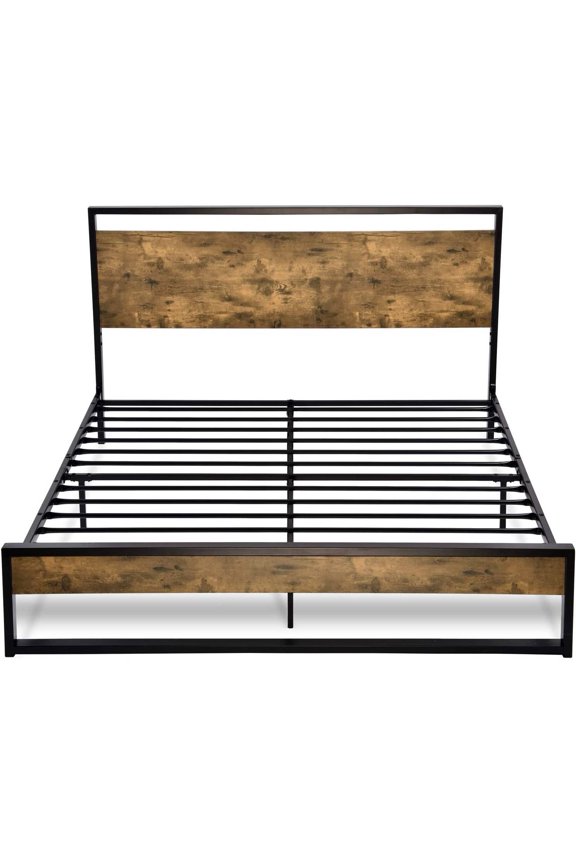 Full size Metal Wood Platform Bed Frame with Industrial Headboard
