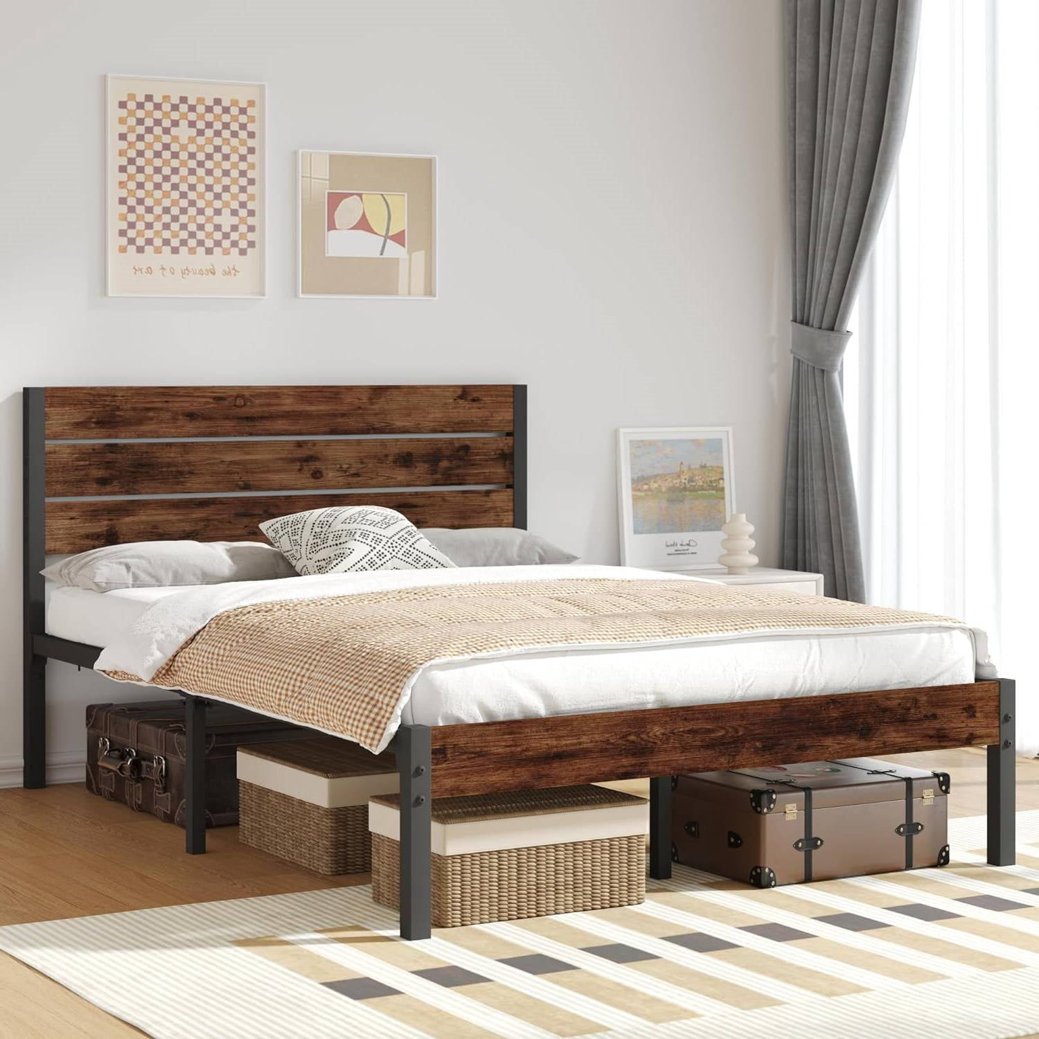Full size Modern Farmhouse Metal Platform Bed Frame with Brown Wood ...