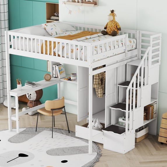 Full size Multifunctional High Loft Bed with Under-bed Desk, Shelves and Wardrobe, Sturdy Wooden Loftbed Frame with Bookshelf,Drawers for Teens Bedroom, Space Saving Design