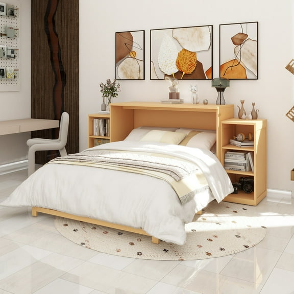 Full size Murphy bed with spacious storage drawers and shelves. Ideal for guest rooms or compact bedrooms.Golden