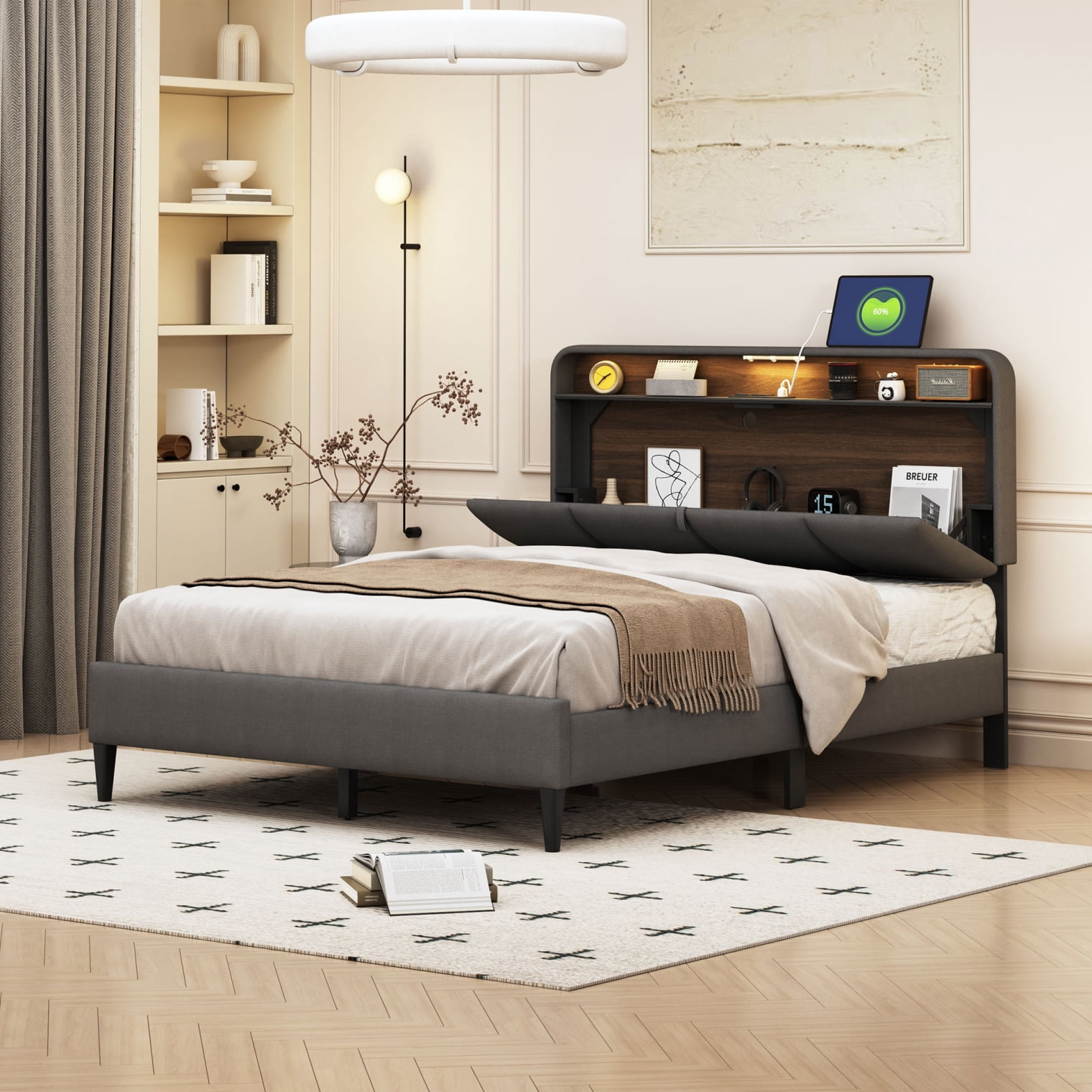 Full size Platform Bed with Storage Headboard, Linen Fabric Upholstered ...