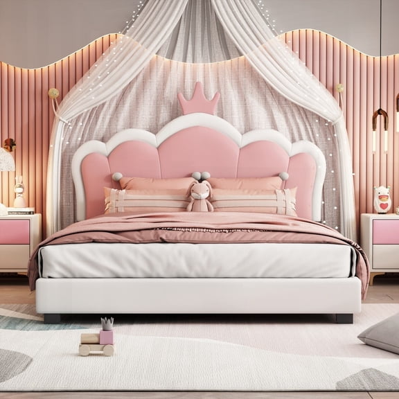 Full Size Wood Platform Bed with Crown Headboard,Pink+Cream,No Box Spring Needed,Major Bedroom