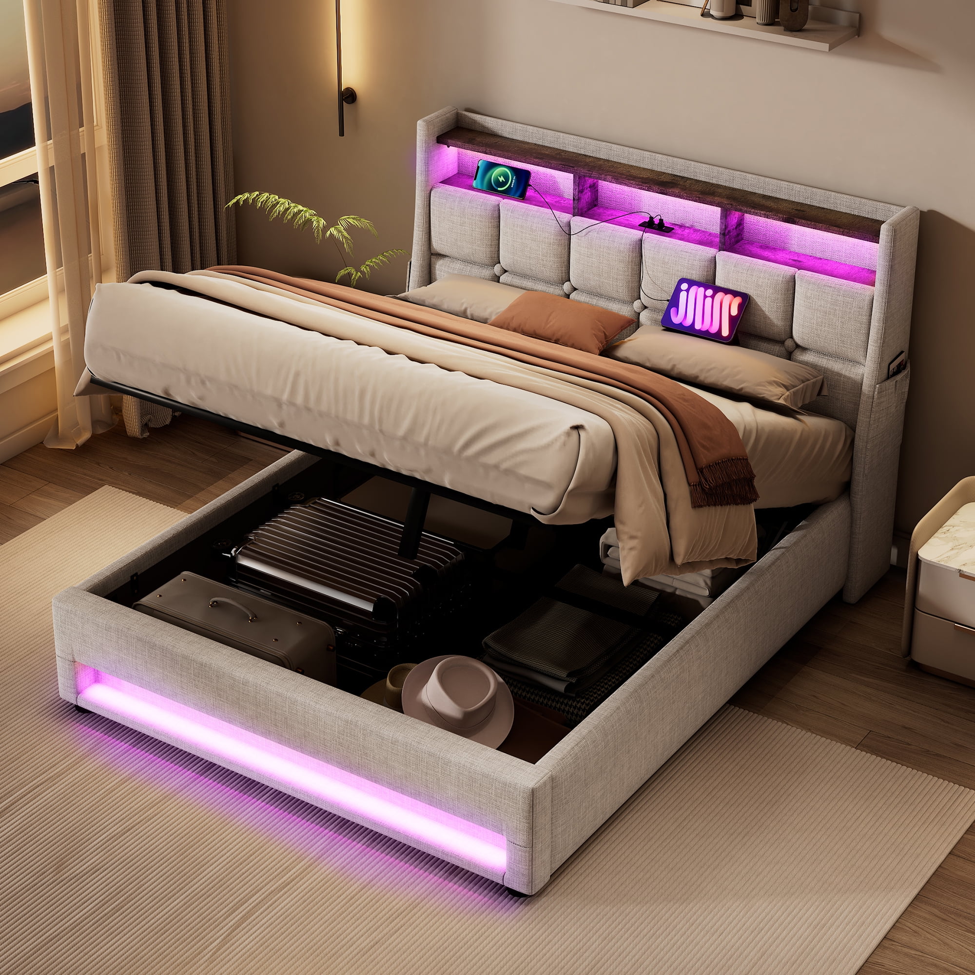 Full size Platform bed with Hydraulic Storage, LED and Charging Station, No Box Spring Needed