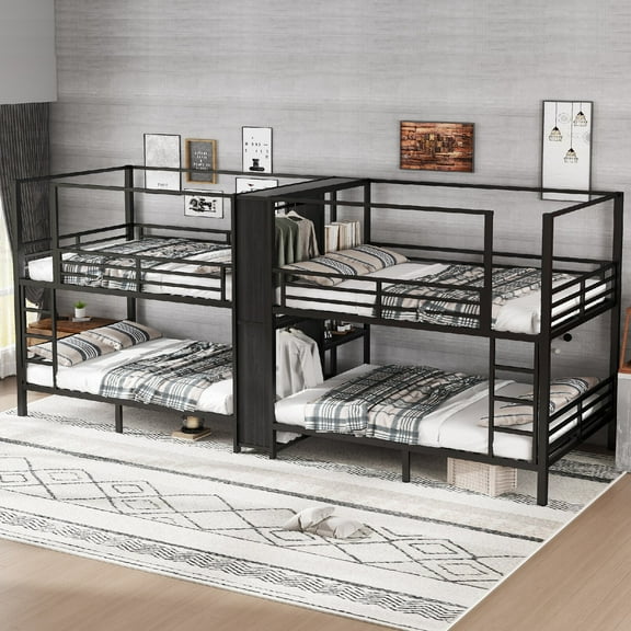 Full size Quadruple Bunk Bed Frame with Built-in Storage Shelves and Wardrobe, Sturdy Metal Beds Frame with Safety Guard Rails and Ladder for Bedroom, Dorm, Apartment, Mattress Not Included, Black