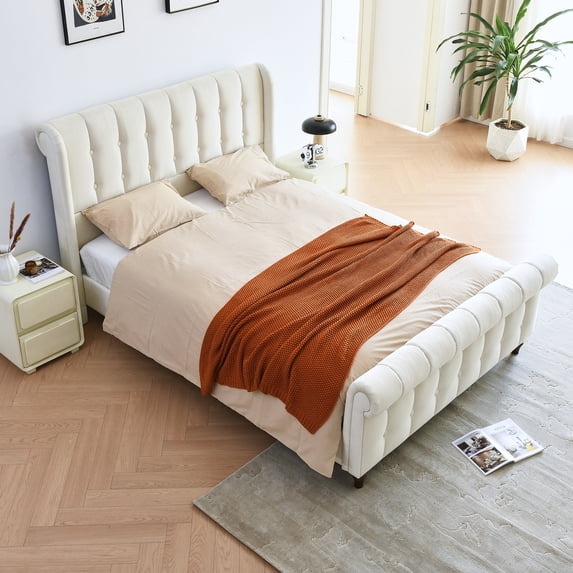Full size Regal Chesterfield-Style Tufted Sleigh Bed with Textured Upholstery and Dark Wood-Effect Feet - No Box Spring Required ,Cream
