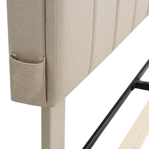 Full size Upholstered Platform Bed with Storage Headboard and USB Port, Linen Fabric Upholstered Bed Gold
