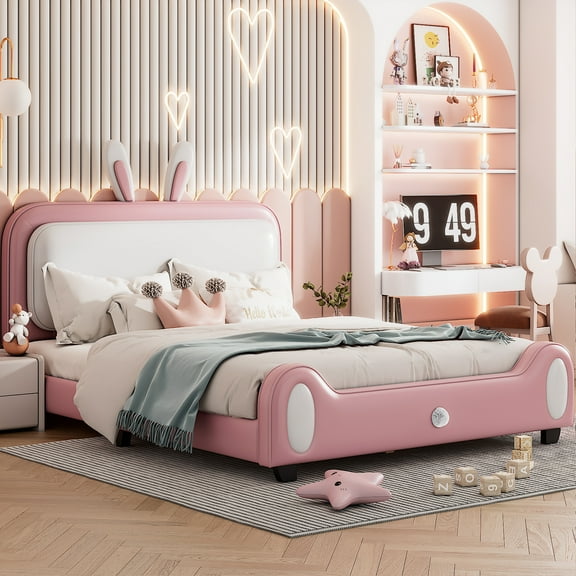 Full size Upholstered Rabbit-Shape Princess Bed, Cosymart Full Size Platform Bed with Headboard and Footboard, White+Pink