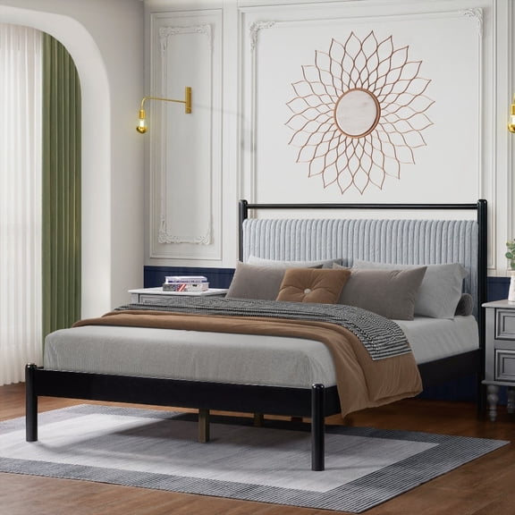 Full size Wood Bed Frame | Grey+Black, Fluffy Soft Headboard