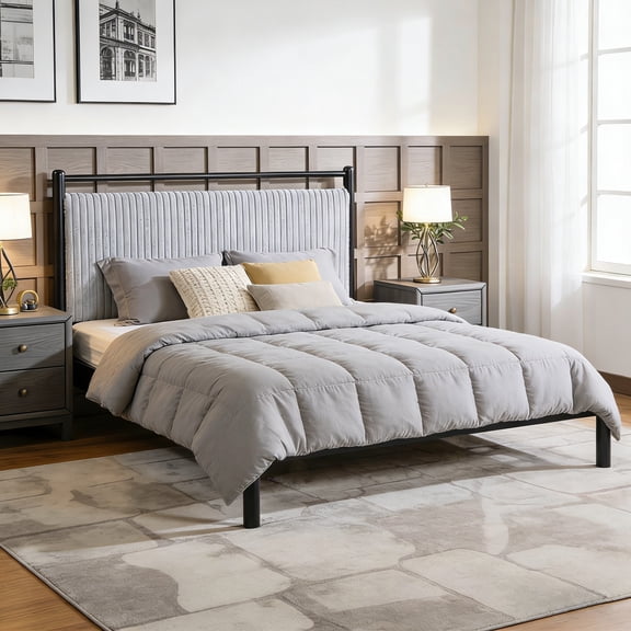 Full size Wood Bed Frame with Fluffy Soft Headboard,Grey+Black Frame