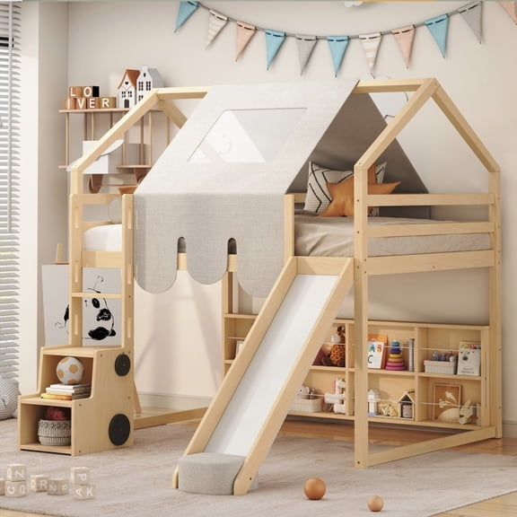 Full size Wooden Loft Bed with Tent | Dual Access & Soft Cushioning