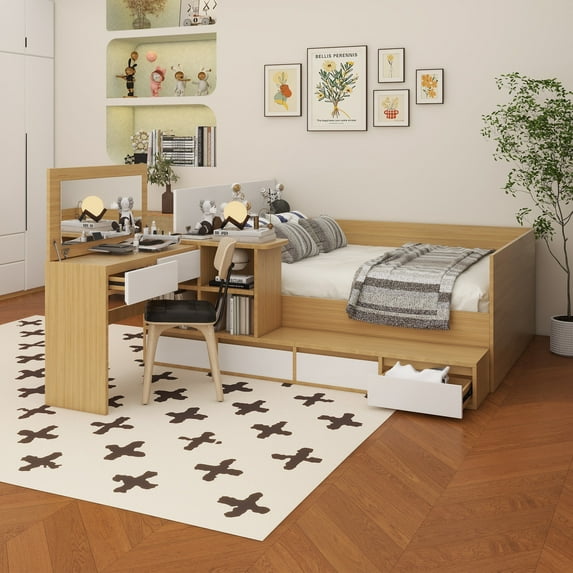 Full size Wooden Platform Bed with 6 Drawers, Shelves and Dressing Table, Natural