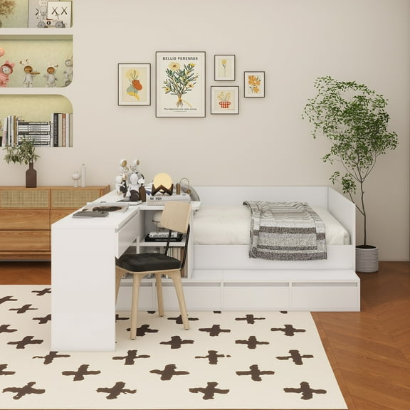 Full size Wooden Platform Bed with 6 Drawers, Shelves and Dressing Table, White