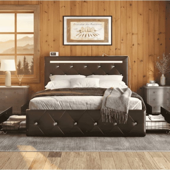 Full size bed frame, steel bed frame with sliding storage space under the bed, soft package headboard, adjustable LED light strip at the headboard, centralized power station at the headboard, Black