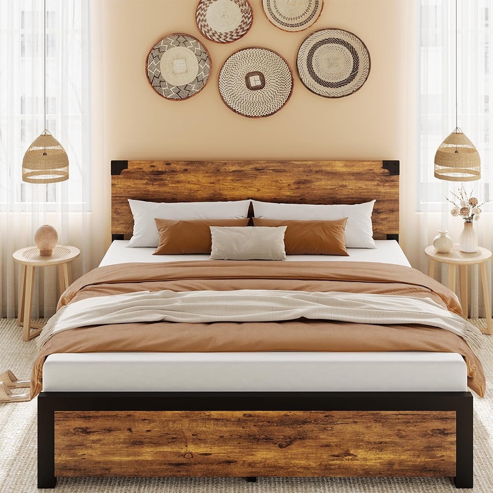 Cabihome Full Bed Frame, Retro Bed Frame with Wood Headboard and Metal ...