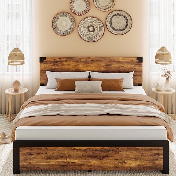 Cabihome Full Bed Frame, Retro Bed Frame with Wood Headboard and Metal Legs, No Box Spring Needed, -Rustic Brown