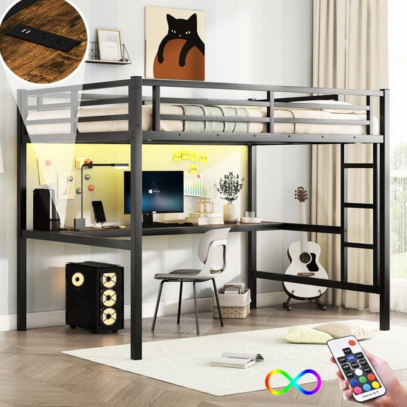 Full - size black metal loft bed with power outlet and various light modes | Space - saving, meets rest and study needs, safe