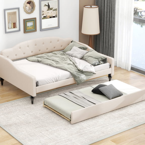 Full size daybed in beige with twin trundle and linen fabric gives stable support and multifunctional use in living area