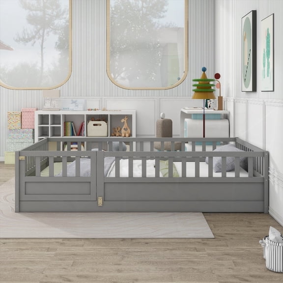 Full size floor bed with integral construction, super high security barrier and a grey Montessori wooden design.