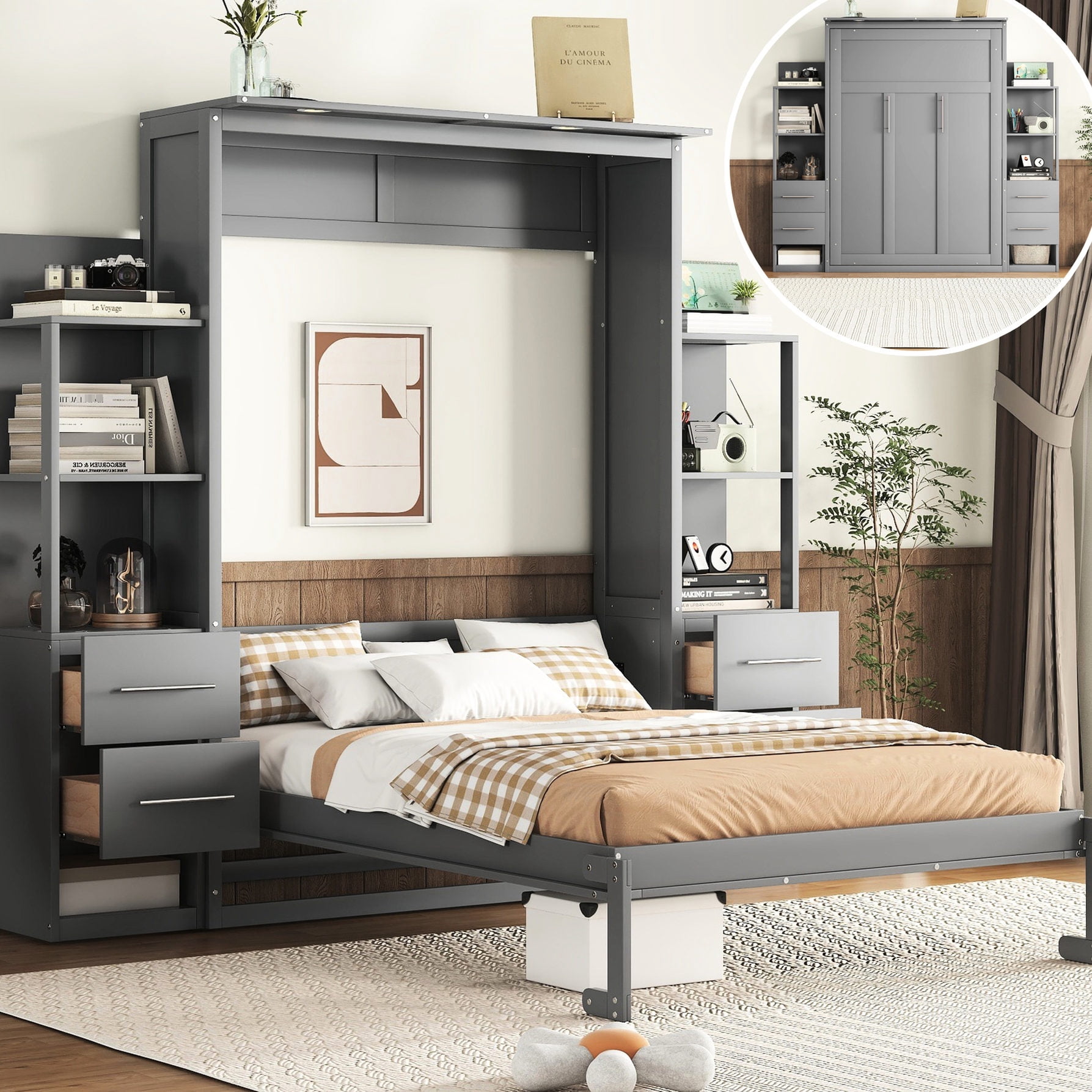 Full size foldable bed in gray color has body following slats for ...