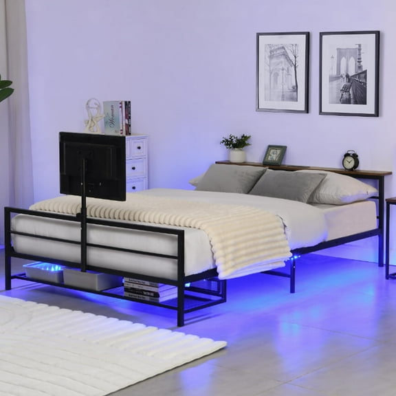 Full-size gaming bed, full-size TV bed, bed with TV lift mechanism at footboard, smart bed with storage functionality, gaming bed with rotating frame