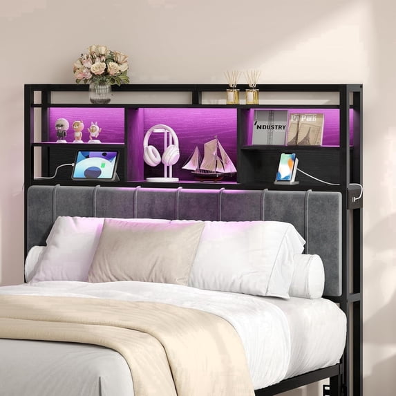 Full Size Headboard with 3-Tier Storage Shelves, Upholstered Headboards 2 Outlets, USB Ports & LED Light, Sturdy and Stable Headboard, White and Gold