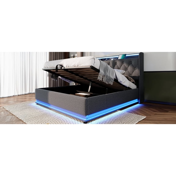Full size linen bed with 360 - degree LED light strip / Timer, dynamic modes and storage for a great sleep