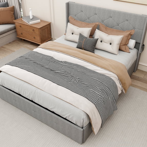 Full size linen-upholstered bed frame with gas lift, wingback headboard and side storage - Combine modern design with practicality in your bedroom
