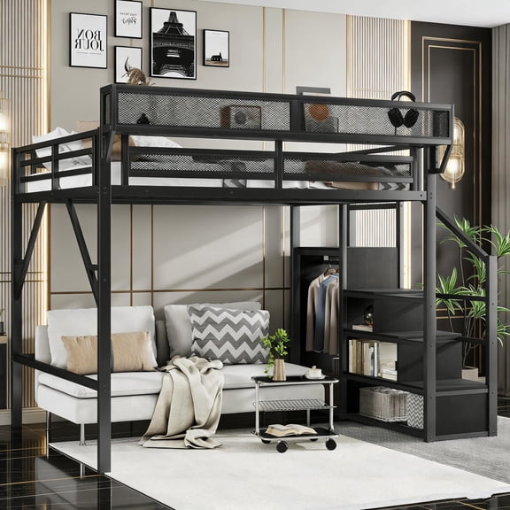 Full-size loft bed with stairs, metal full loft bed with storage shelves, loft bed with wardrobe suitable for teenagers, black finish(No Mattress)