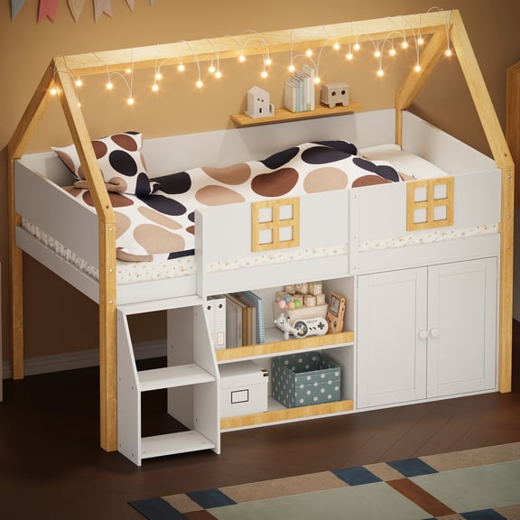 Full-size low loft bed with Step Staircase, Shelving, Cabinets and LED lights, White and