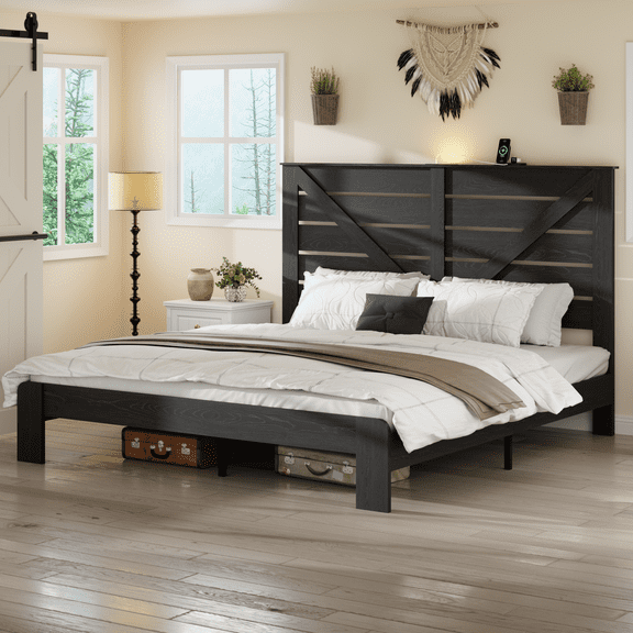Full size metal bed frame, square platform bed with under-bed storage, no spring-loaded mattress required, vintage brown