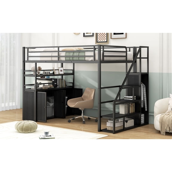 Full-size metal loft bed, easy to set up, sturdy and stable, with storage stairs and wardrobe, shelves and storage cabinets, black