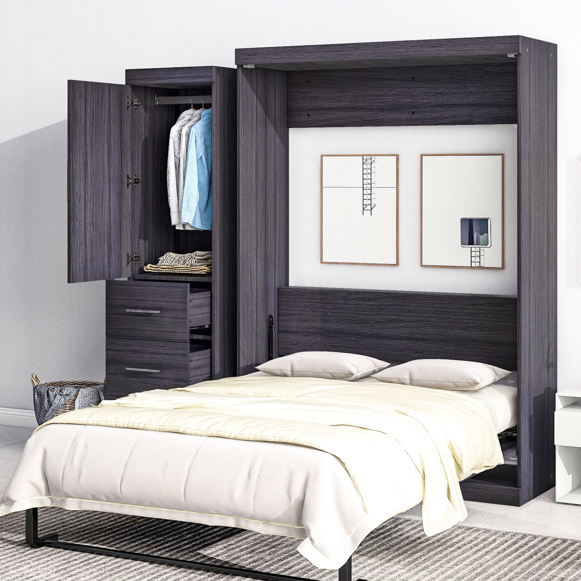 Full size murphy bed that folds into cabinet with wardrobe and drawers ...
