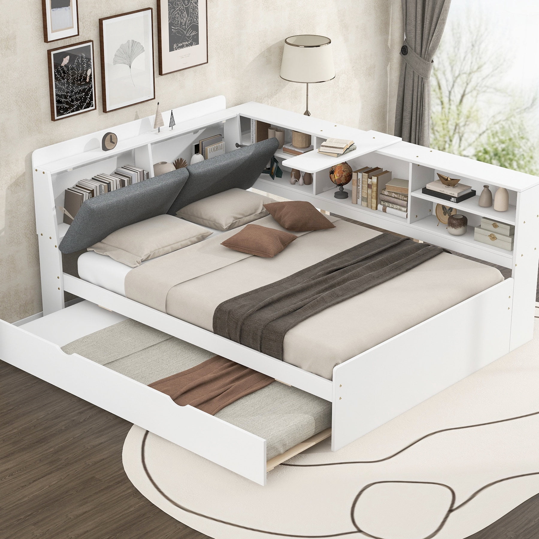 Full size wood platform bed with rotatable storage board for in - bed ...