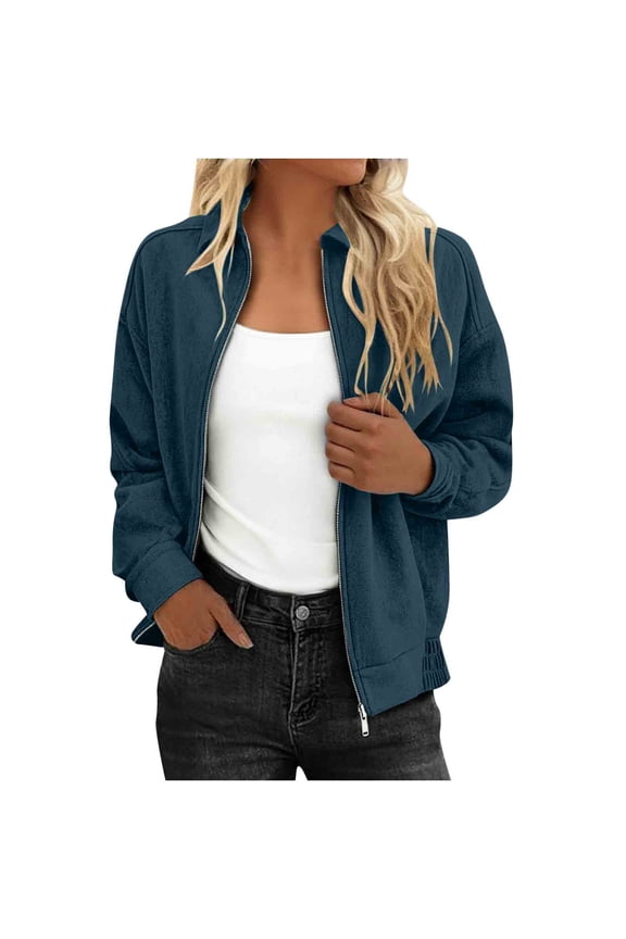 Full-zip Bomber Jackets for Women without Hood Lapel Neck Cropped Loose Casual Fall Fashion Coat with Pockets (2XL, Dark Blue)