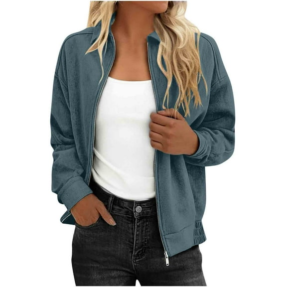 Full-zip Bomber Jackets for Women without Hood Lapel Neck Cropped Loose Casual Fall Fashion Coat with Pockets (XL, Blue)