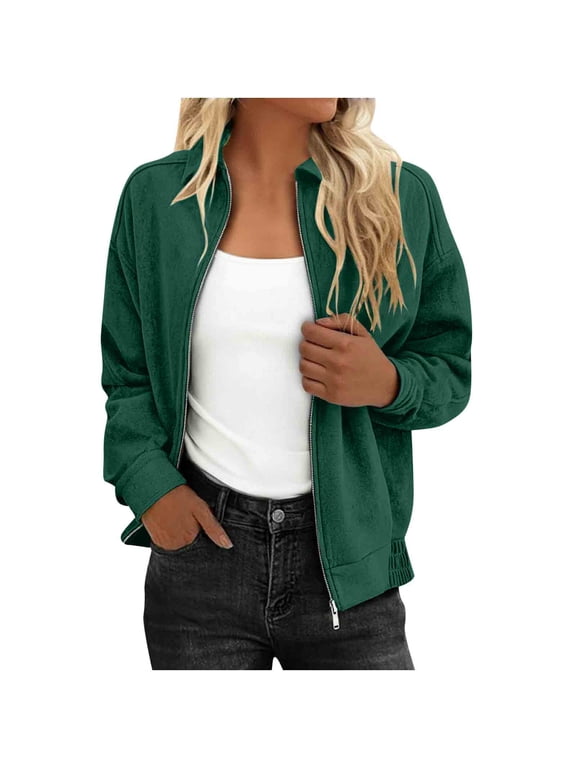 Full-zip Bomber Jackets for Women without Hood Lapel Neck Cropped Loose Casual Fall Fashion Coat with Pockets (XL, Green)