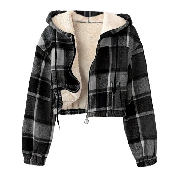 Full-zip Crop Fleece Jacket Womens Hooded Fuzzy Sherpa Short Coat Plaid/Solid Pockets Long Sleeve Winter Outwear (2XL, Black|Plaid)