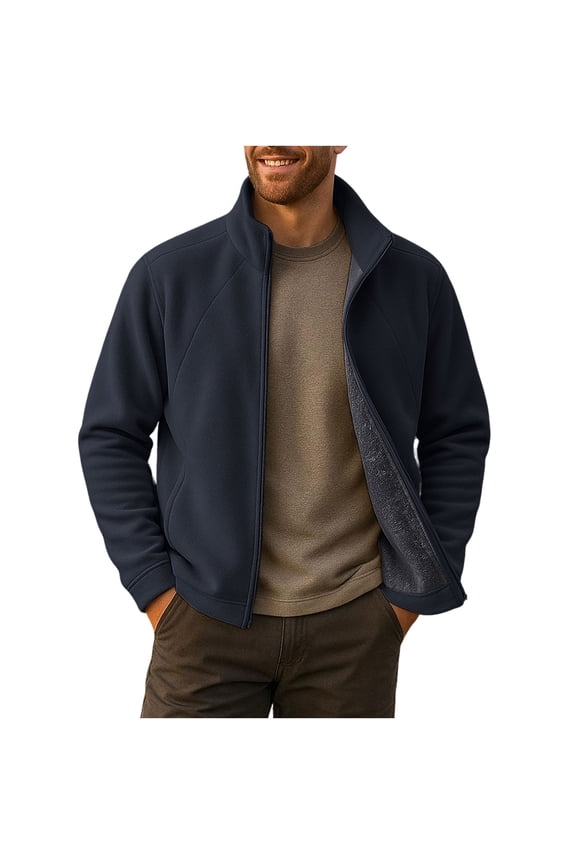 Full-zip Fleece Jacket Mens Stand Collor Casual Winter Outerwear Sherpa Plush Lined Warm Fuzzy Coat with Pockets (2XL, Dark Blue)