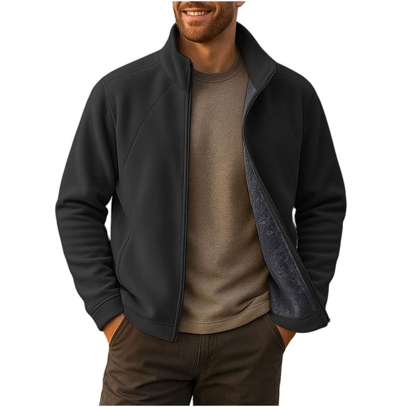 Full-zip Fleece Jacket Mens Stand Collor Casual Winter Outerwear Sherpa Plush Lined Warm Fuzzy Coat with Pockets (L, Black)