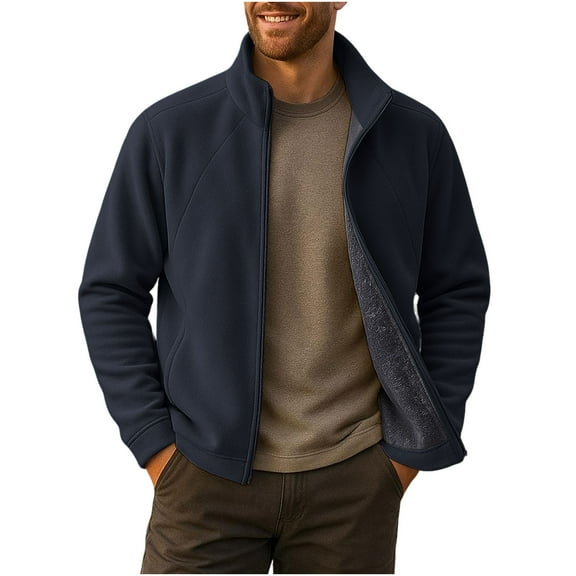 Full-zip Fleece Jacket Mens Stand Collor Casual Winter Outerwear Sherpa Plush Lined Warm Fuzzy Coat with Pockets (M, Dark Blue)