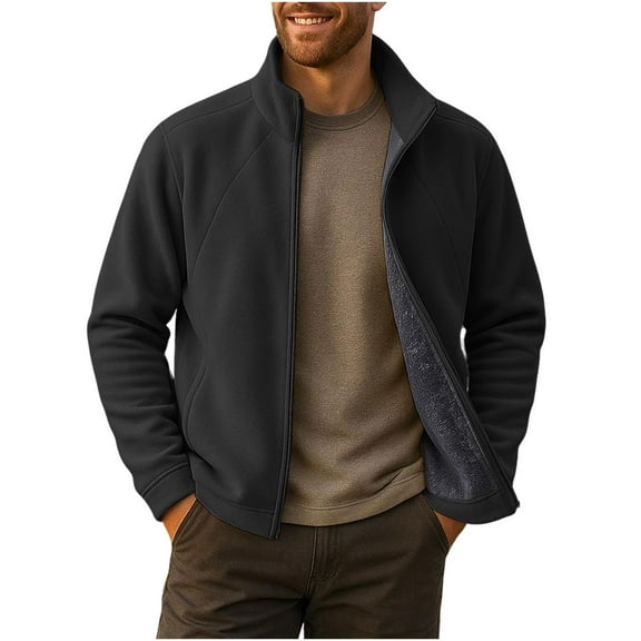 Full-zip Fleece Jacket Mens Stand Collor Casual Winter Outerwear Sherpa Plush Lined Warm Fuzzy Coat with Pockets (XL, Black)