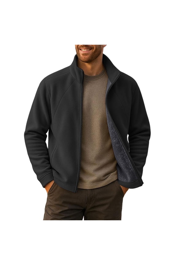 Full-zip Fleece Jacket Mens Stand Collor Casual Winter Outerwear Sherpa Plush Lined Warm Fuzzy Coat with Pockets (XL, Black)