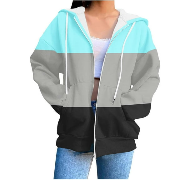 Full-zip Hoodie jackets for Women with Pocket Long Sleeve Cotton Fleece Mid Weight Zipper Hooded Sweatshirt Coat (2XL, Light Blue)